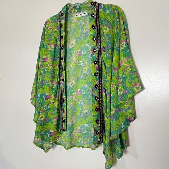 Artisan de Luxe Embroidered Kimono Top Boho Open Front Cardigan Green Floral XS - Picture 3 of 10